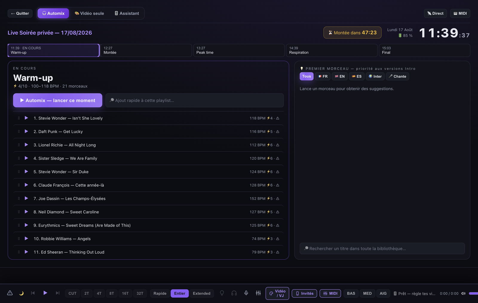 Le mode Live de Meloverse DJ Studio : les moments de la soirée en colonne, la playlist en cours avec le BPM et l'énergie de chaque titre, l'enchaînement automatique et le compte à rebours avant le moment suivant