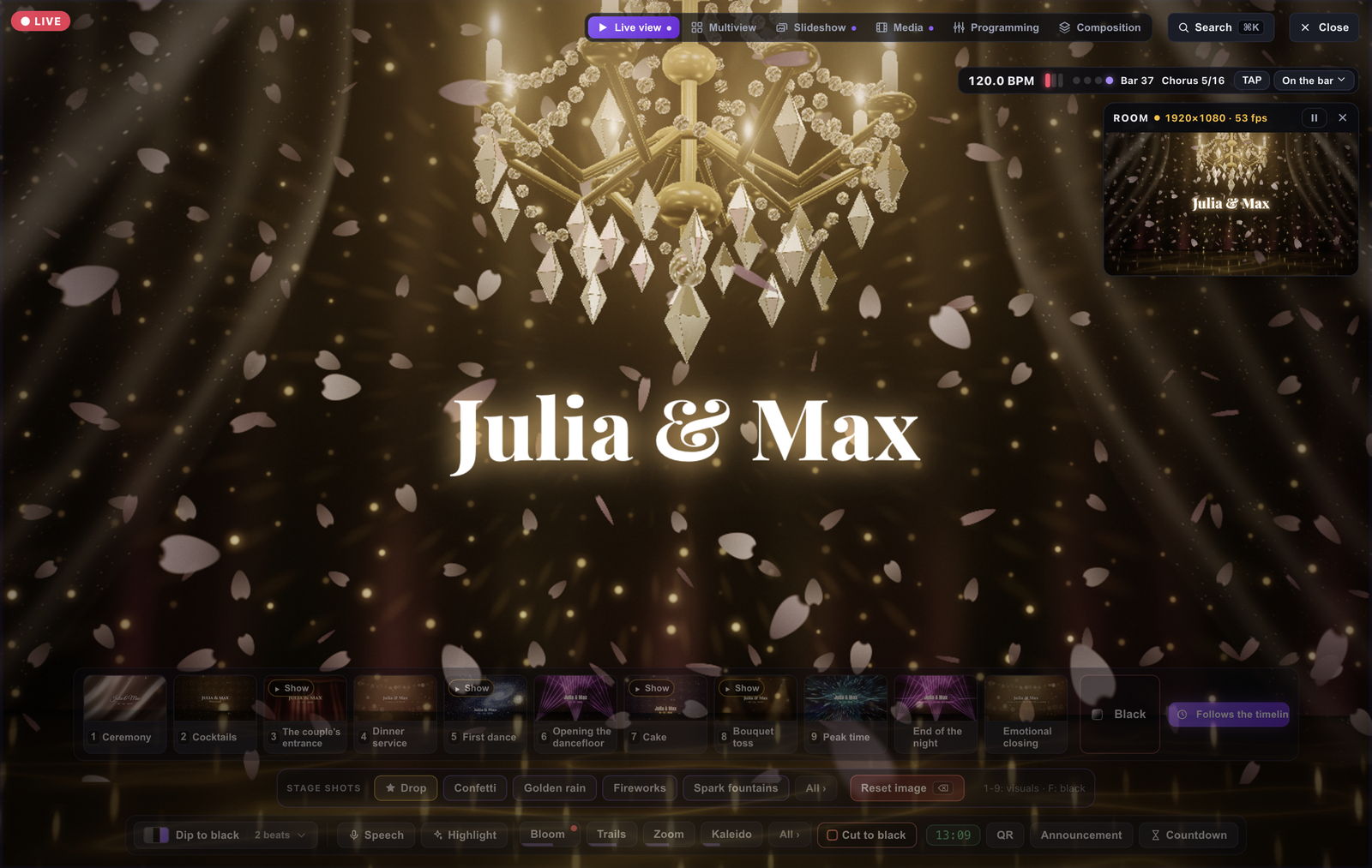 Meloverse DJ Studio in Live view during a wedding: the “Crystal chandelier” 3D scene on screen with the names Julia & Max, the room monitor top right, the eleven moments of the running order along the bottom and the “Follows the timeline” button