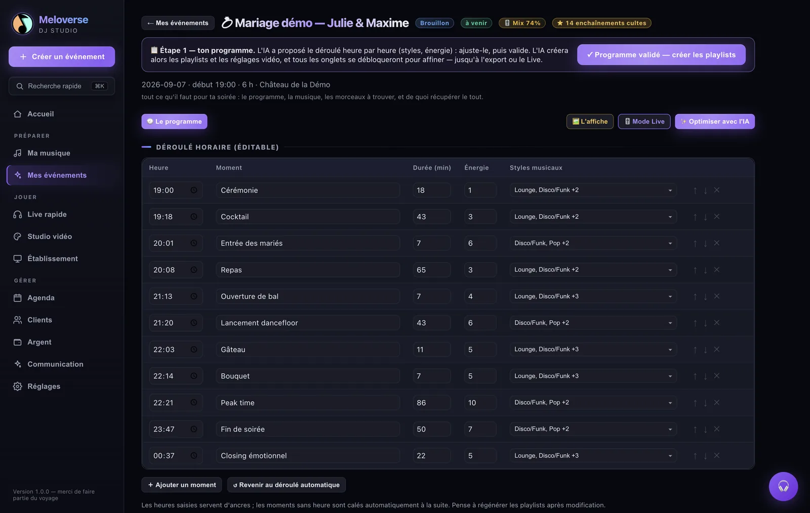 Hour-by-hour running order in Meloverse DJ Studio