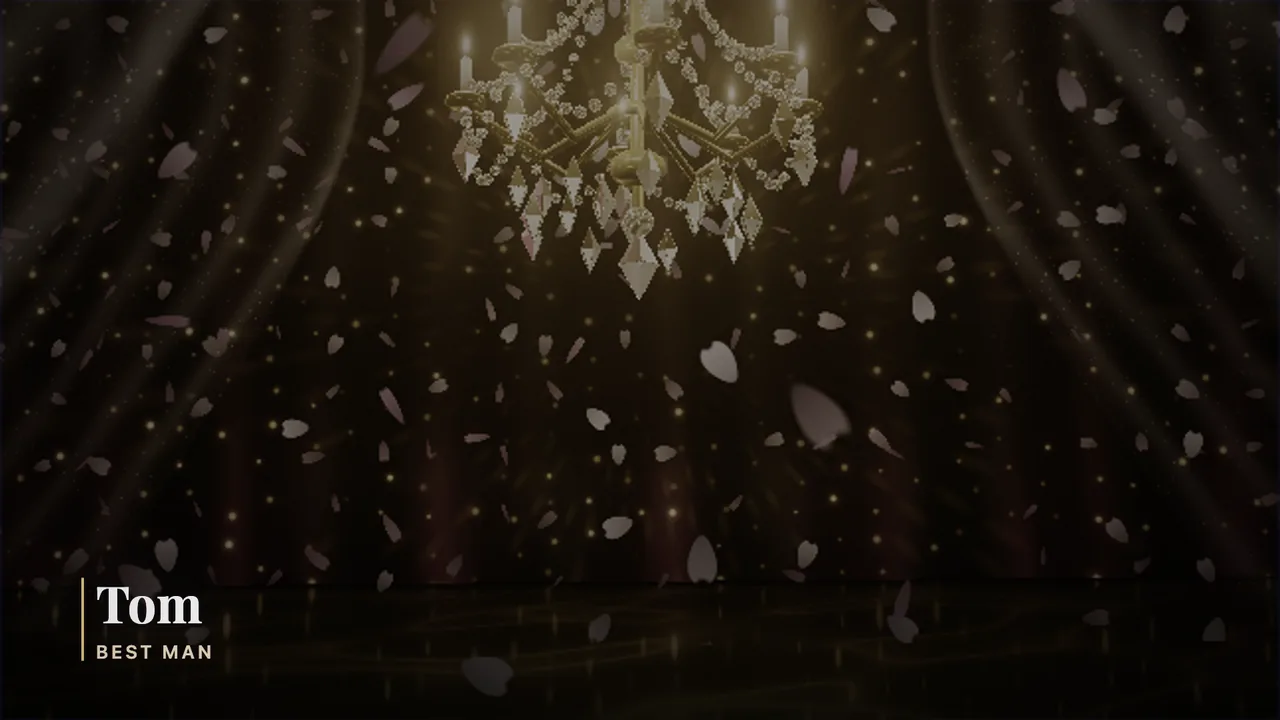 Speech mode on the room screen: the chandelier scene dimmed and an elegant lower third reading “Tom — Best man”