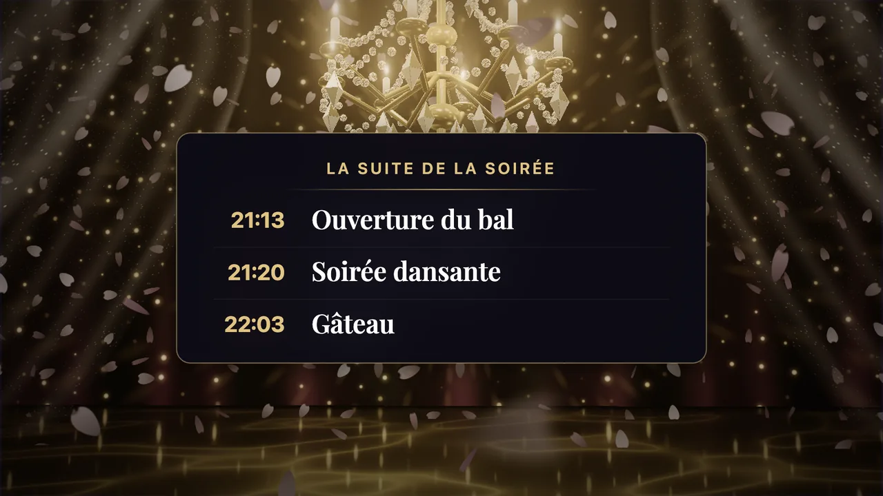 La carte « La suite de la soirée » sur l'écran de la salle, devant un lustre doré : 21:13 Ouverture du bal, 21:20 Soirée dansante, 22:03 Gâteau