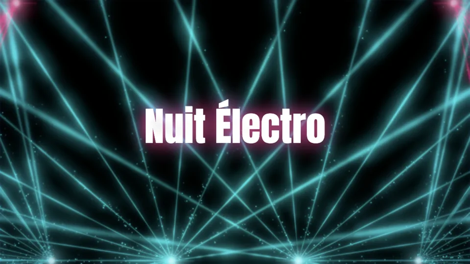 Un show laser turquoise sur l'écran de la salle, les faisceaux qui se croisent autour du nom de la soirée « Nuit Électro »