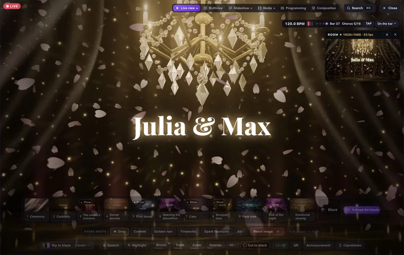 A wedding's Live view: the crystal chandelier and the couple's names sent to the room screen