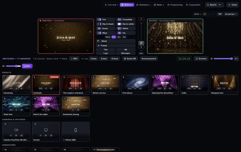 The Multiview switcher: preview and program, presets, cameras and the guest QR code