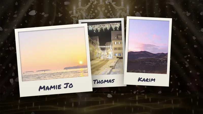 Room screen: three guest photos approved by the DJ, shown as polaroids with first names