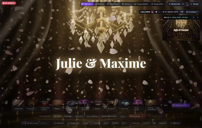 La Vue Live d'un mariage : le lustre de cristal et les prénoms des mariés envoyés à l'écran de la salle